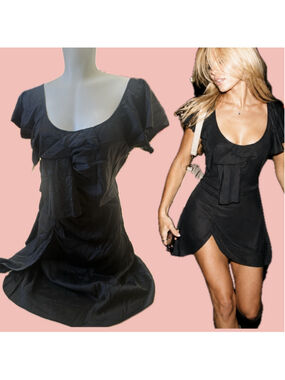 Marciano Silk Ruffle Dress Size L black 94% Silk Flutter Sleeve